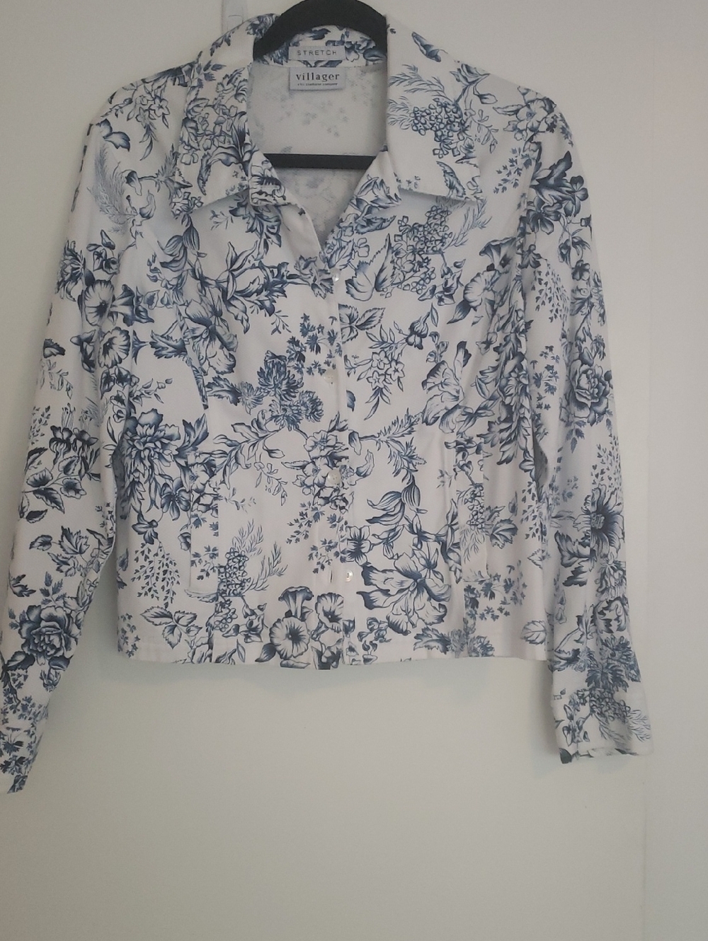 Villager White Button-Front Floral Shirt with Navy Print